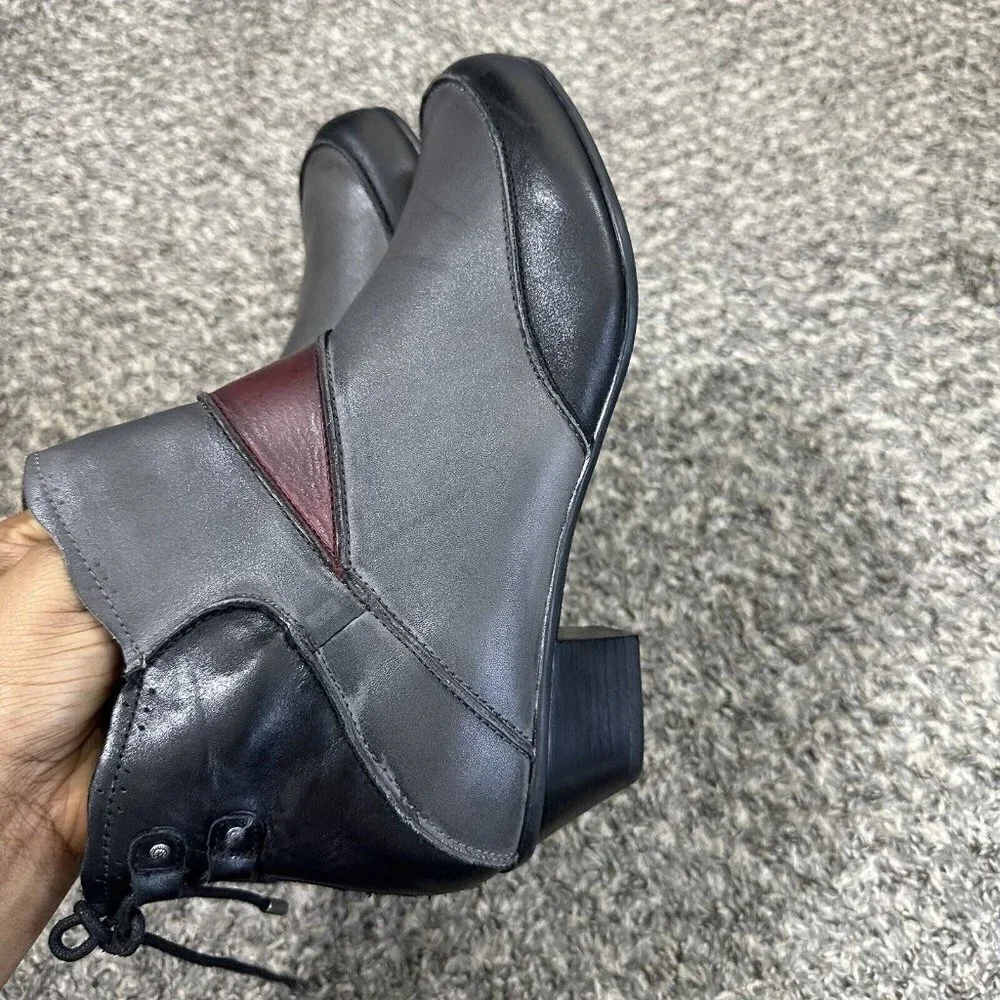 Aetrex Samantha Leather Ankle Boots Patchwork Gray Black Red Zip 8.5 NEW READ